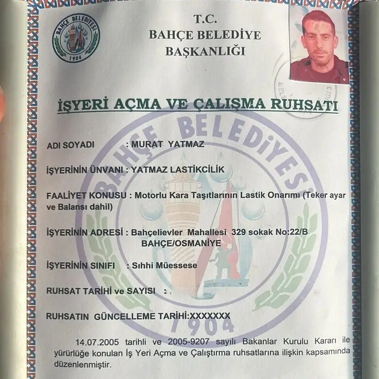 Yatmaz Oto Lastik iş yeri ruhsatı görseli