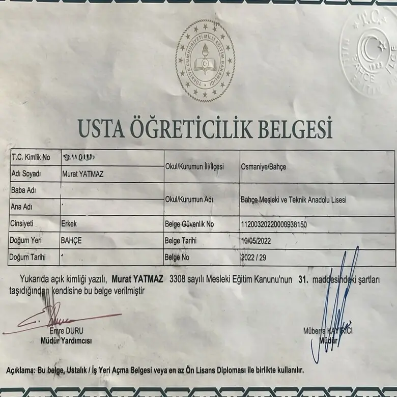 Yatmaz Oto Lastik usta öğreticilik belgesi görseli