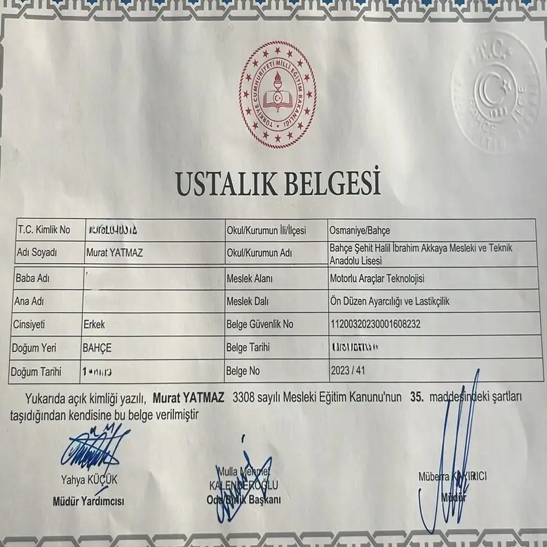 Yatmaz Oto Lastik ustalık belgesi görseli